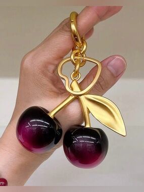 Cherry Keychain Gold Tone Red Resin Double Cherry Bag Charm NWT